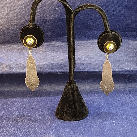 1980s Duri Abalone Shell Rhinstone Pewter Dangle Chandelier Pierced Earrings - Picture 2 of 11